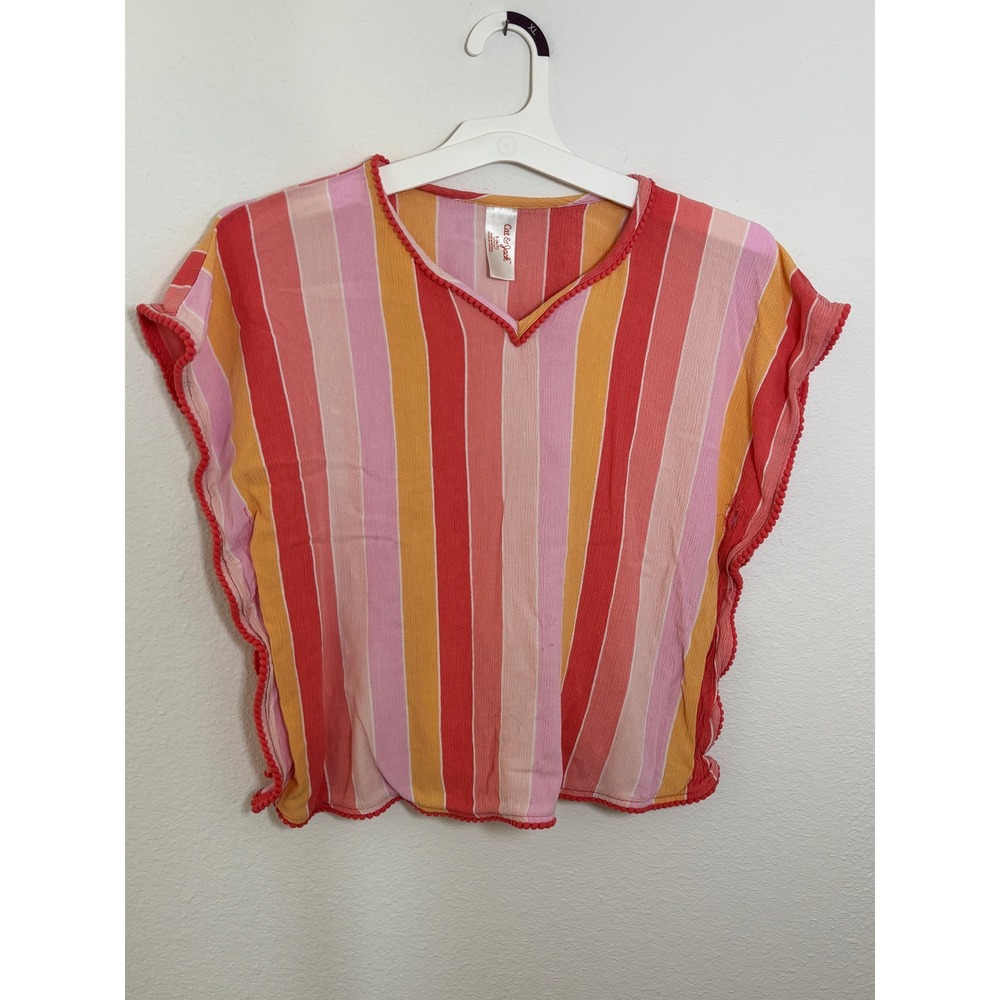 Cat & Jack Girls Pink Orange Striped Pom Pom Trim Top Size S 6/7